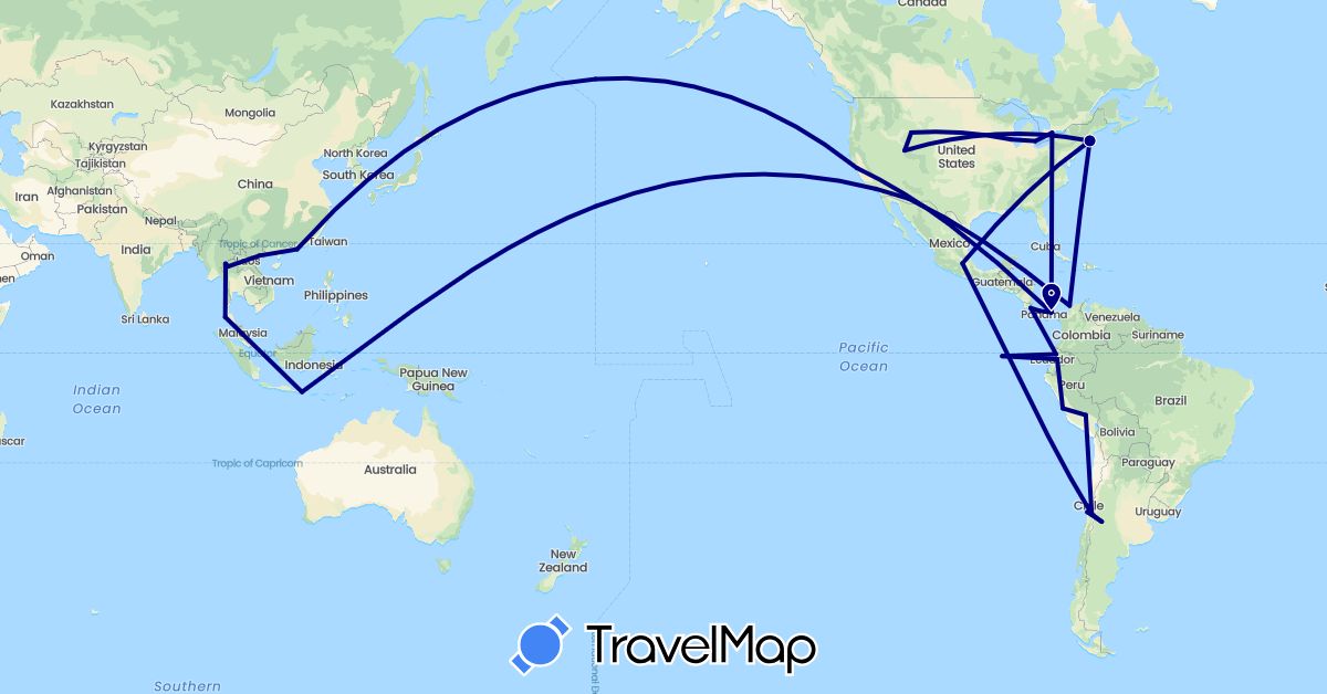 TravelMap itinerary: driving in Argentina, Canada, Chile, China, Colombia, Costa Rica, Ecuador, Indonesia, Mexico, Panama, Peru, Thailand, United States, Vietnam (Asia, North America, South America)